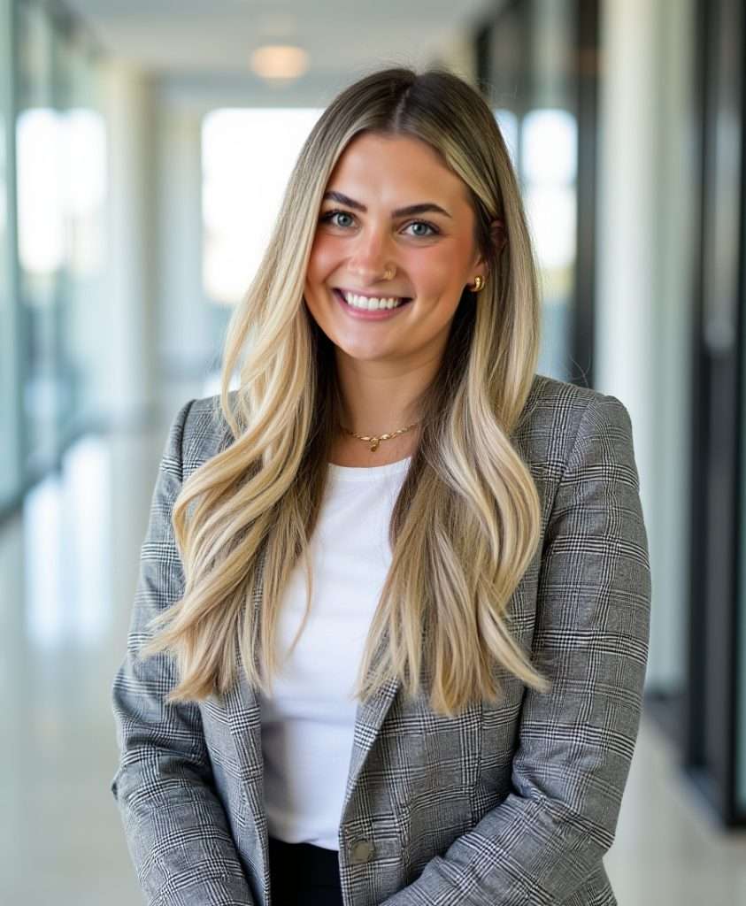 Psychiatric nurse practitioner in office, Hannah Burk, offering compassionate mental health care.